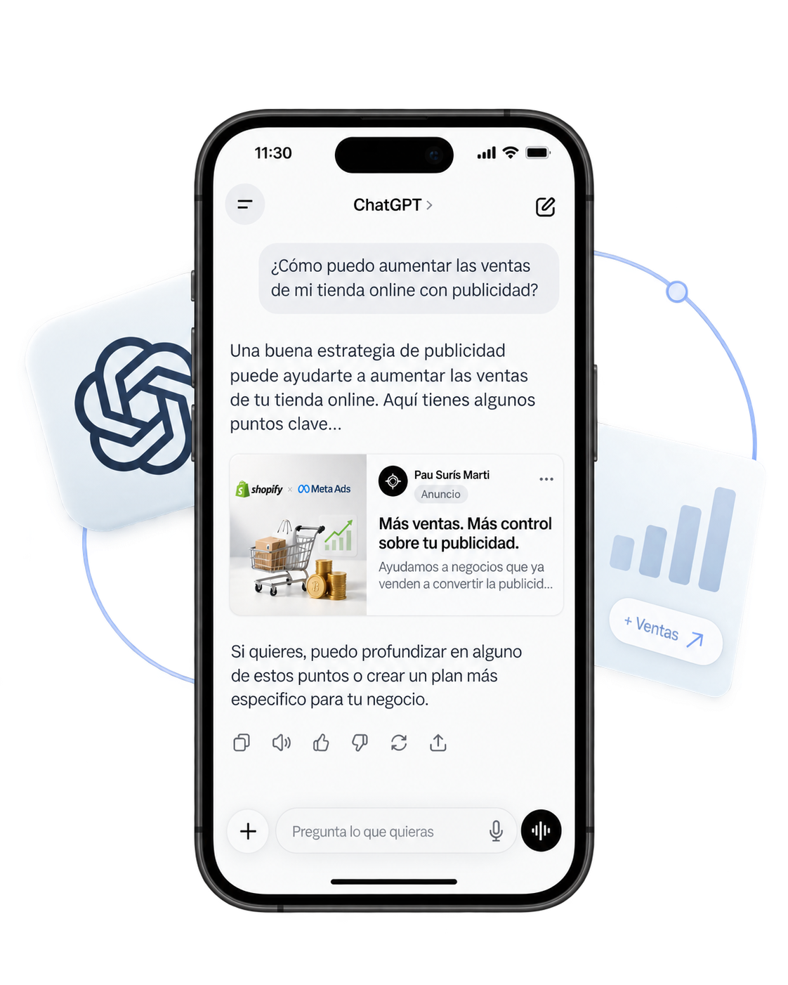 Anuncio en ChatGPT con mockup de móvil, Shopify y Meta Ads