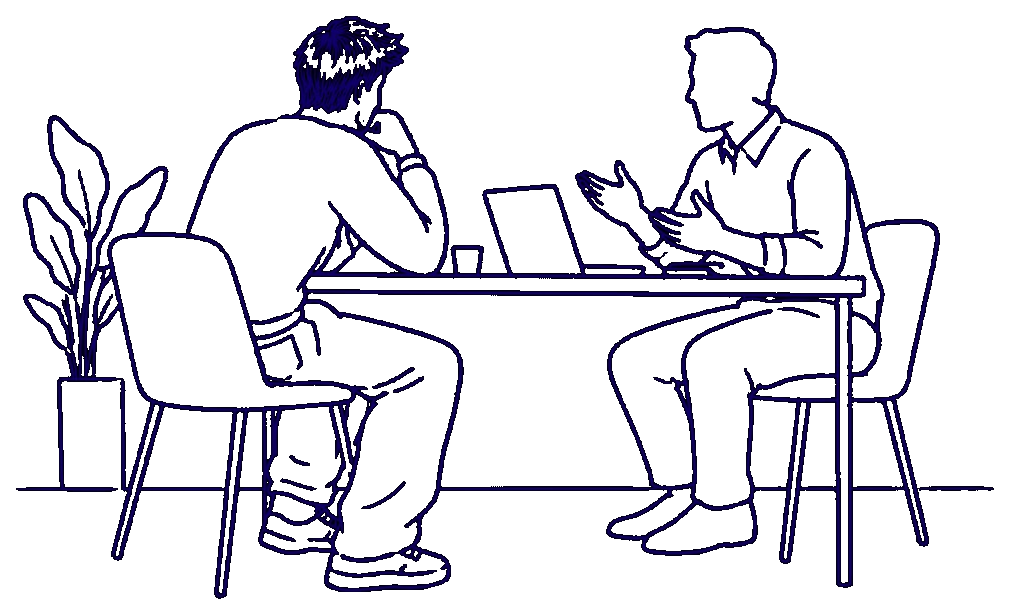 Conversación de trabajo entre dos personas, con portátil y café